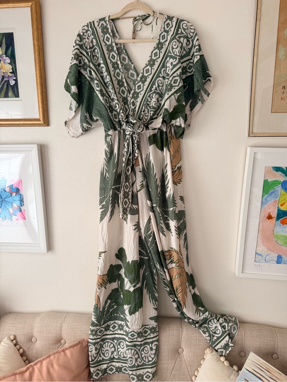 Boho Green & Cream Maxi Dress with Tropical Print
